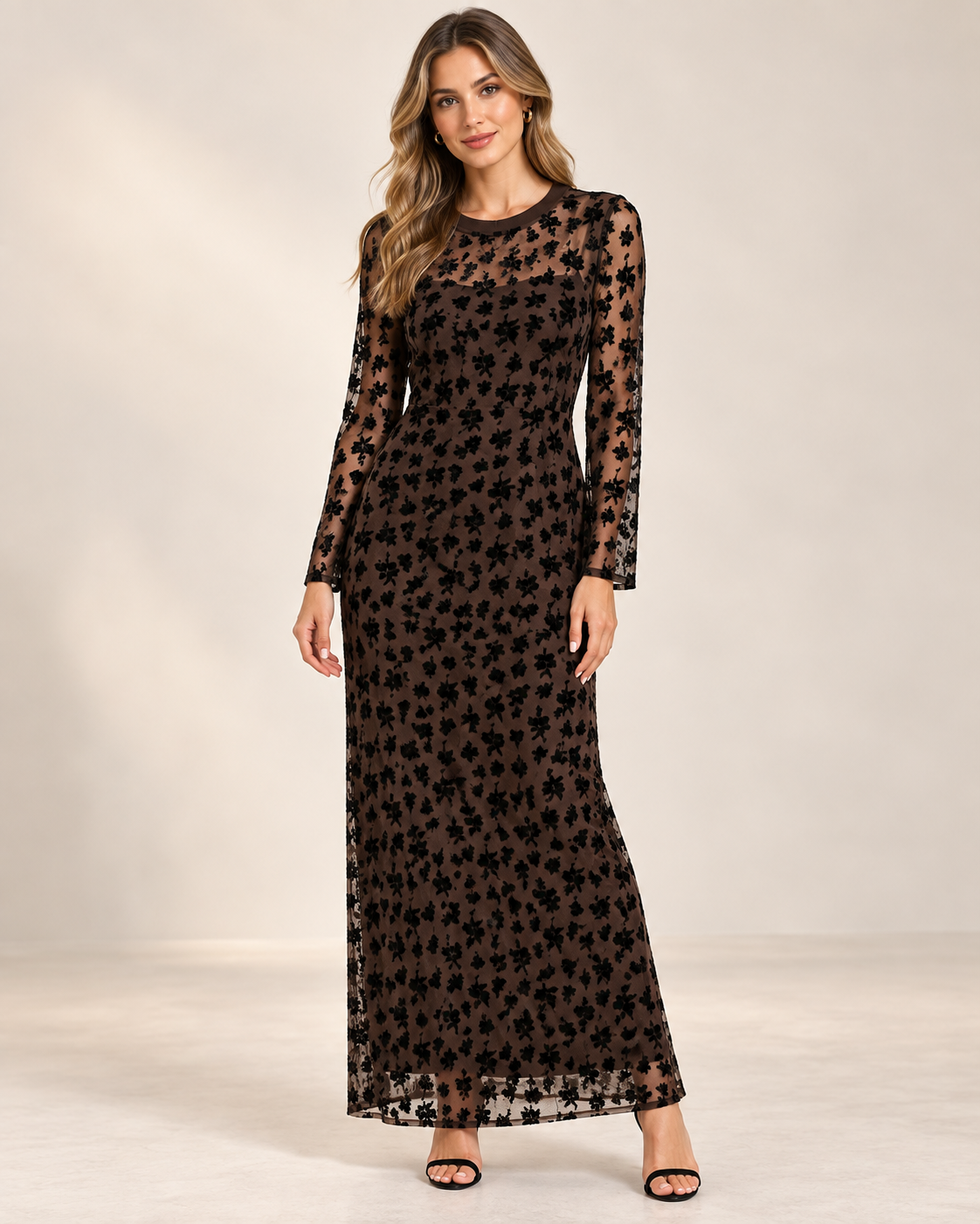 Flocked Floral Mesh Lined Dress 426332