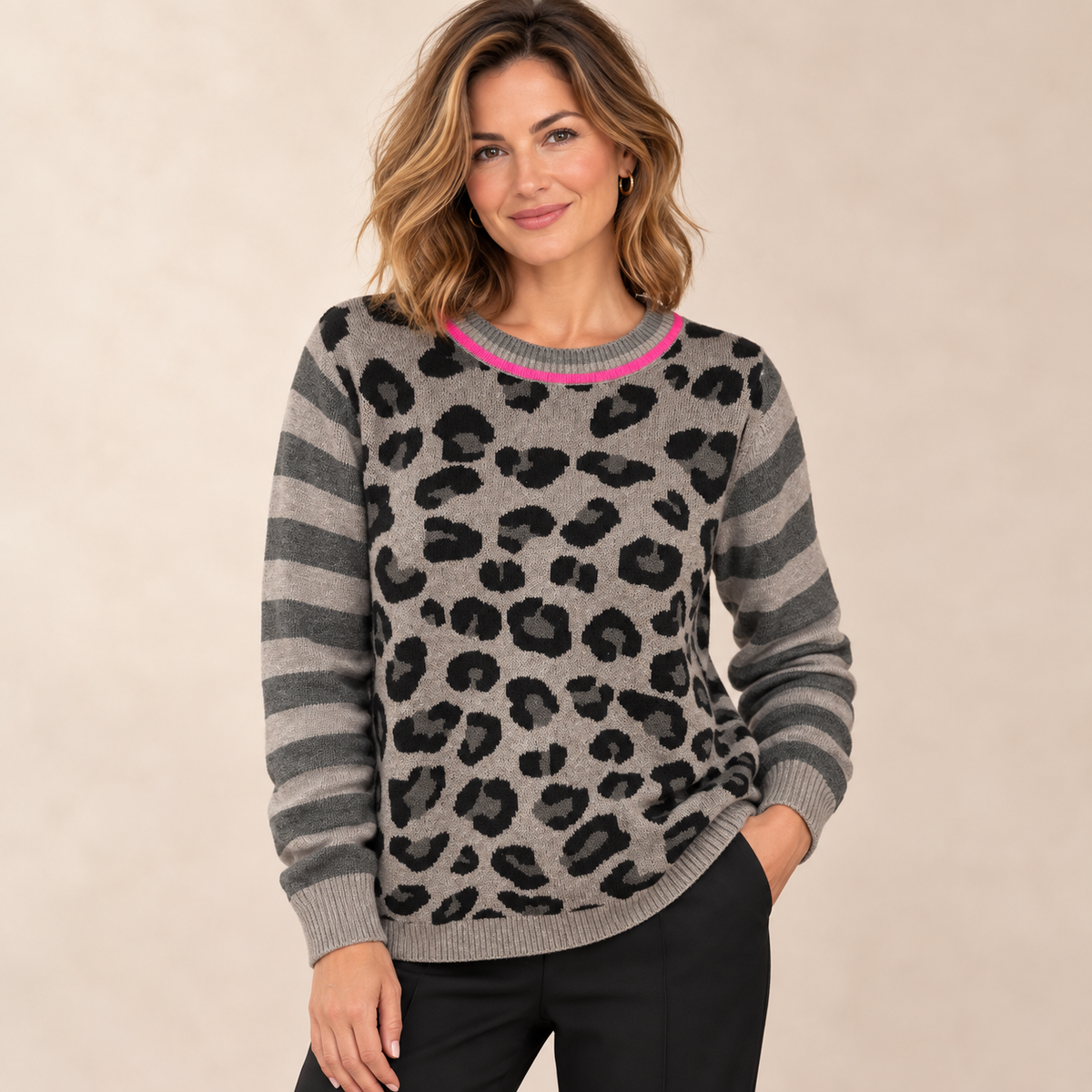 Leopard Stripe-Sleeve Crewneck Sweater F2602