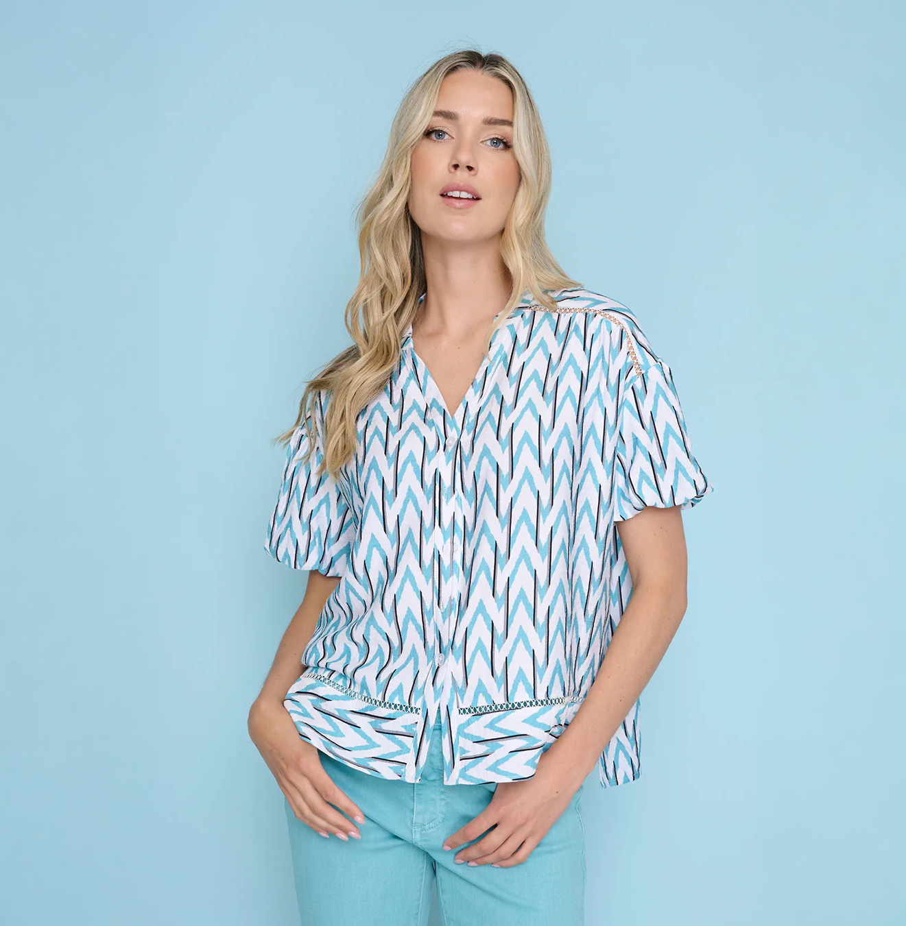 Button Front Puff Sleeve Top