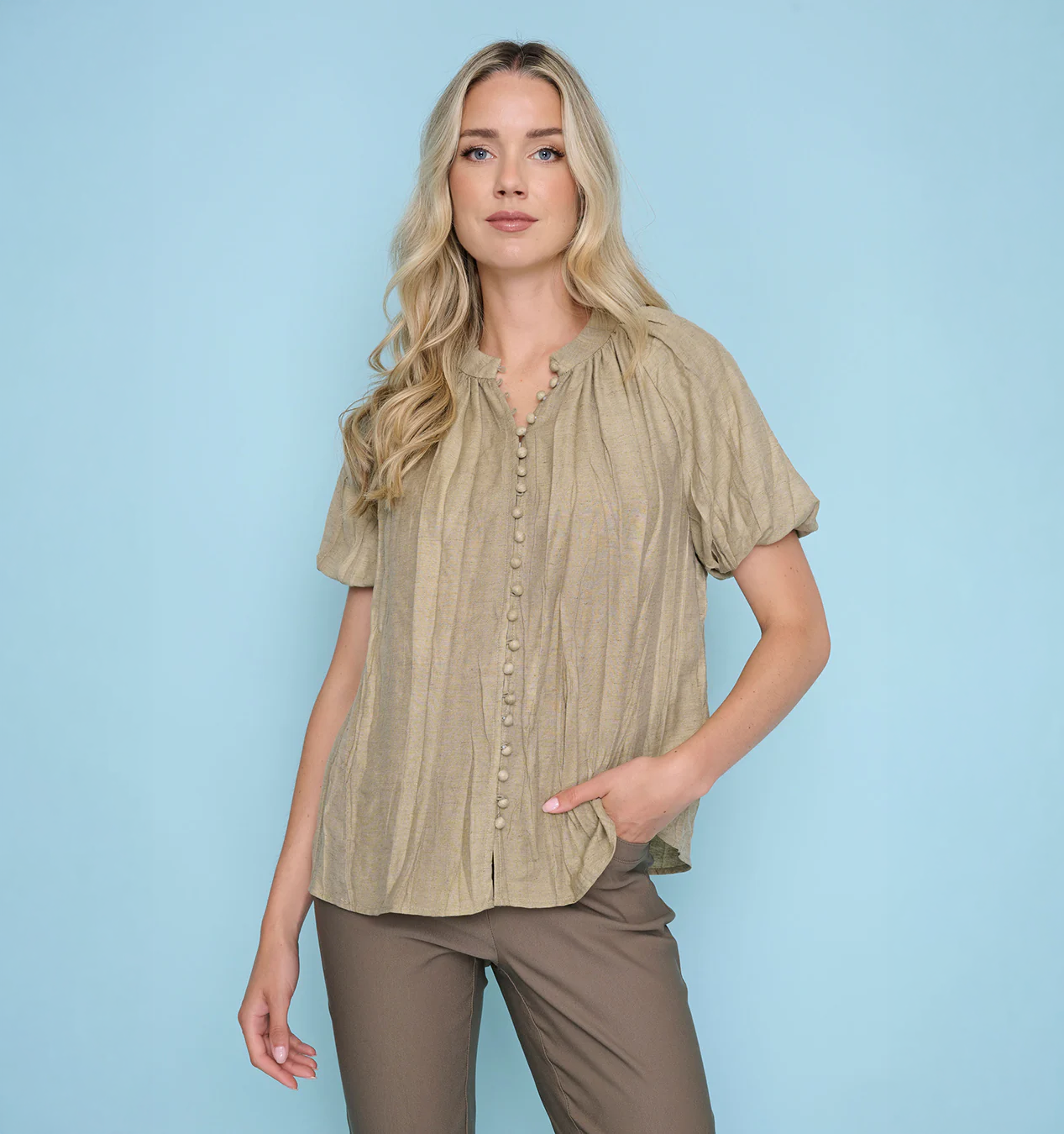 Crinkled Puff Sleeve Top ZM296
