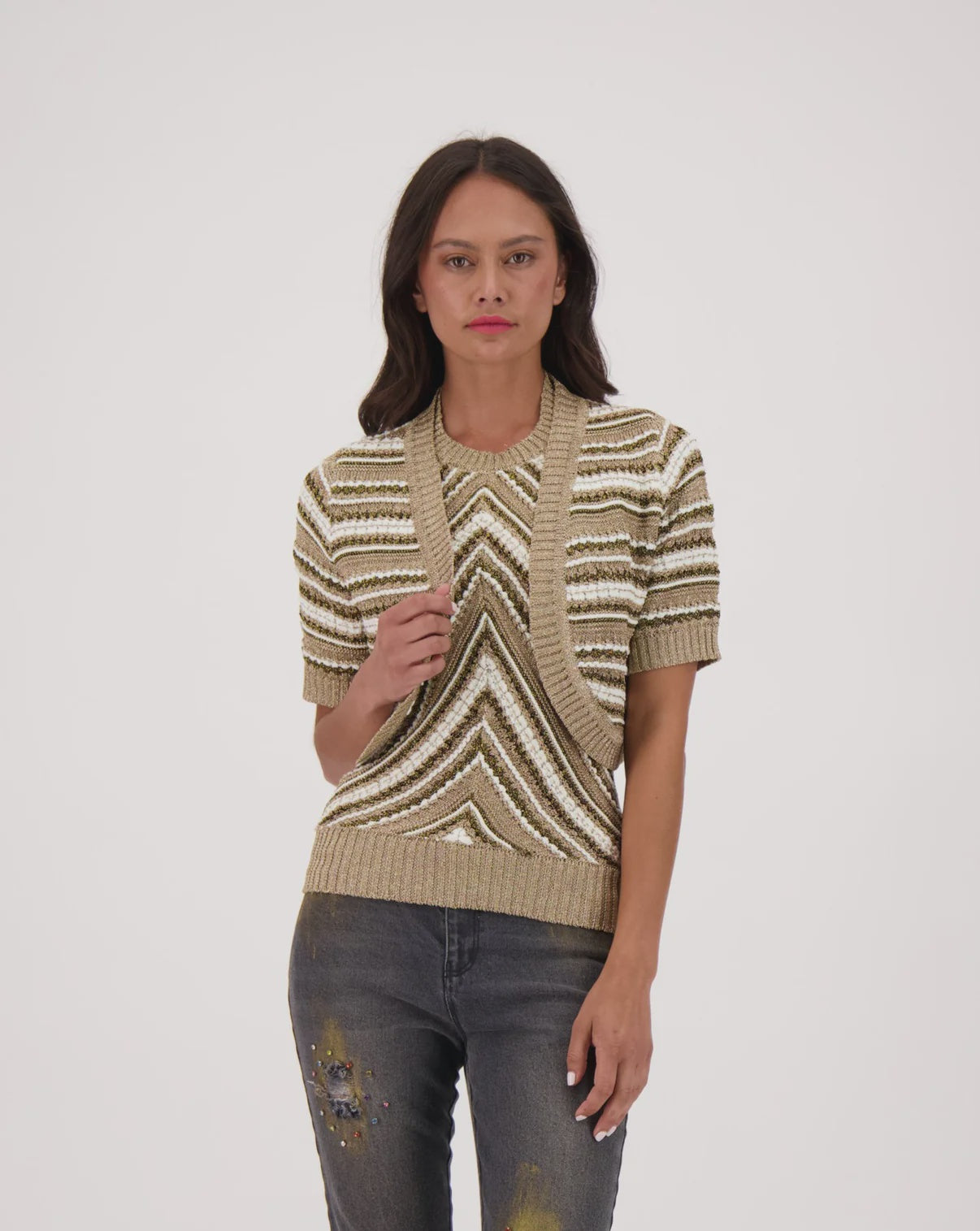 Metallic Striped Open Shrug Sweater-324592