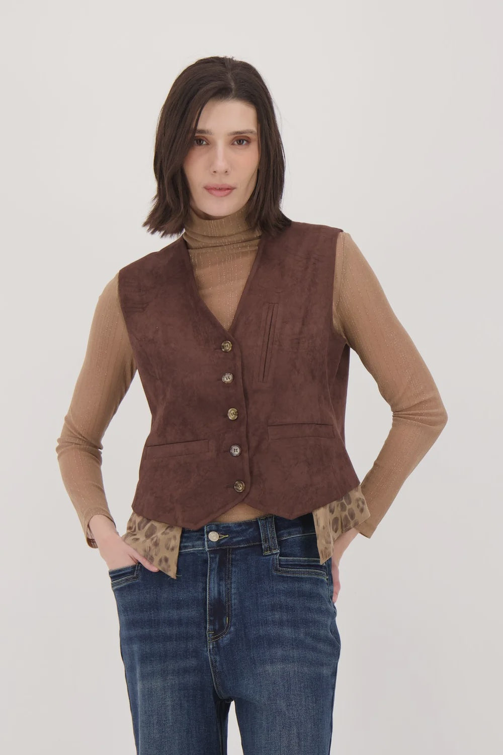 Subtle Vegan Metallic Leopard Trim Vest 526543