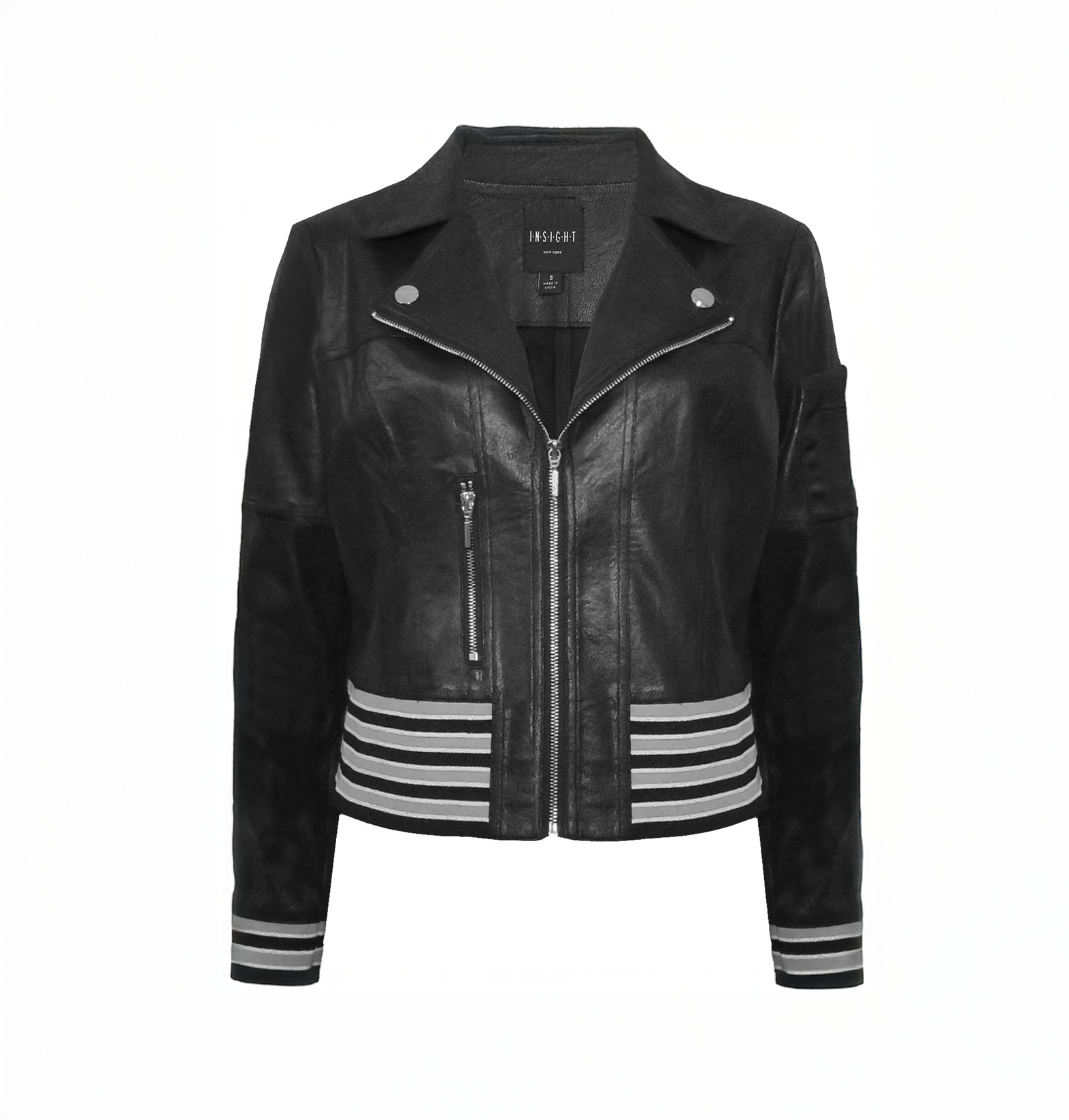 Solid Vegan Leather Zip Up Jacket with Knit Trim BCJ1809DA