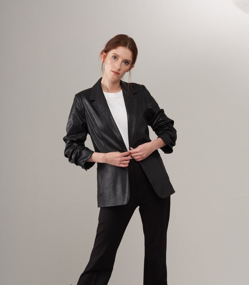 Scrunch Sleeve Vegan Leather Blazer BCJ4701