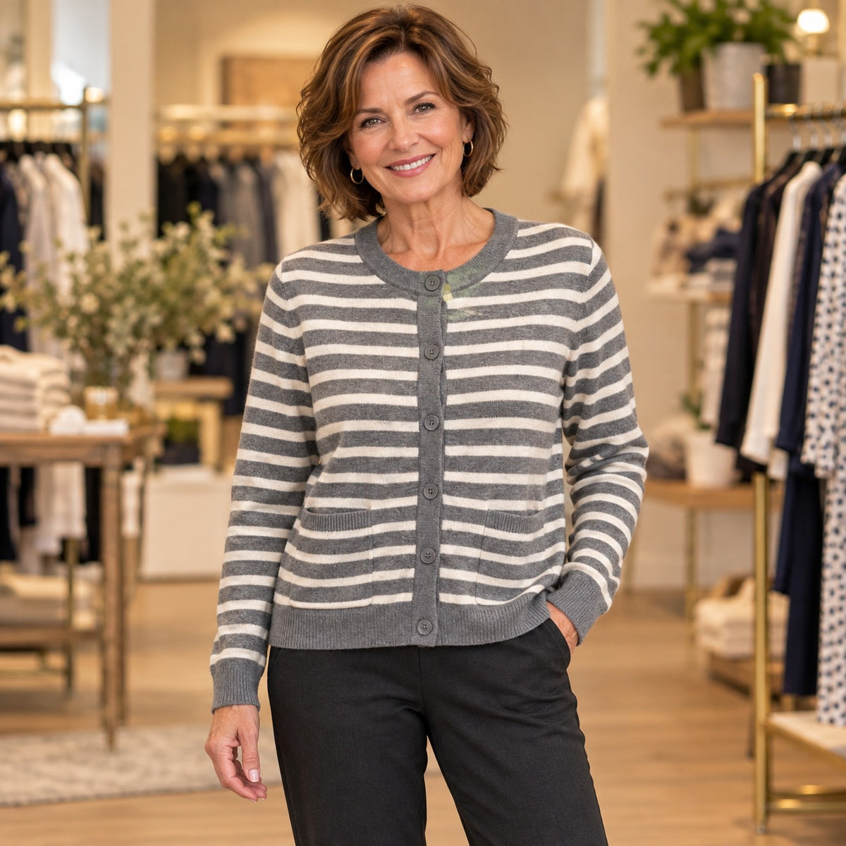 Slate and Lace Striped Button Cardigan CS643