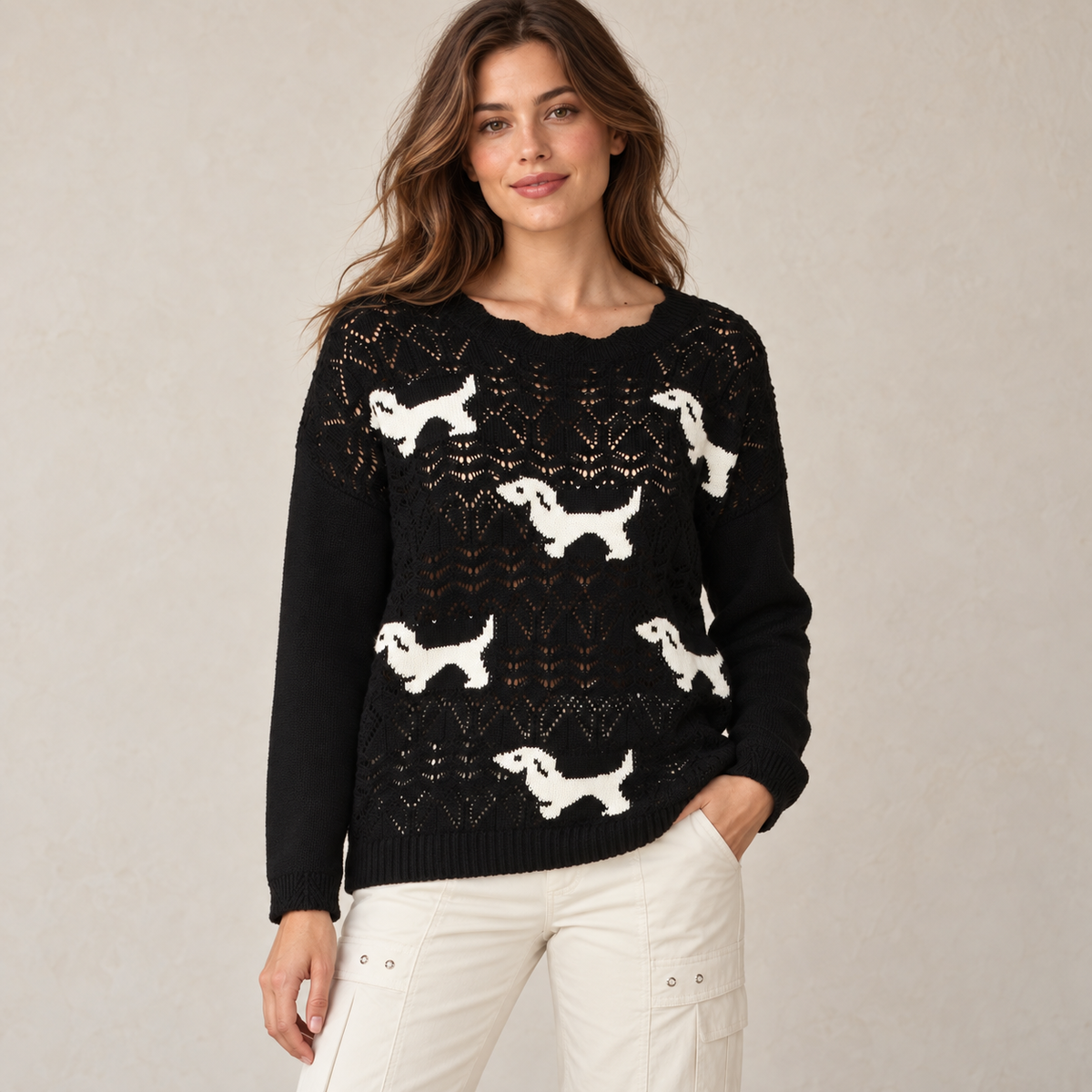 Dog Motif Pointelle Sweater CWT2621