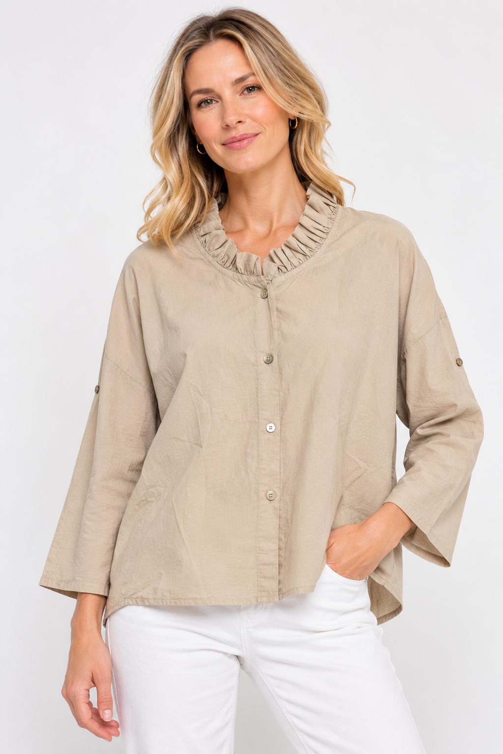 Ruffle Neck Button-Front Top 10004
