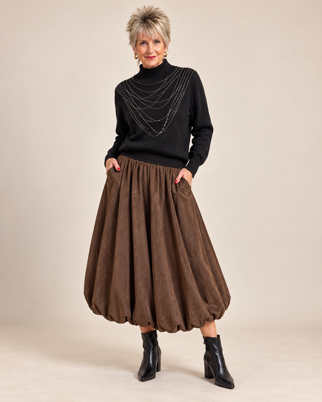 Plush Fleece Lined Sweater With Hot Fix Beads Necklace 526635